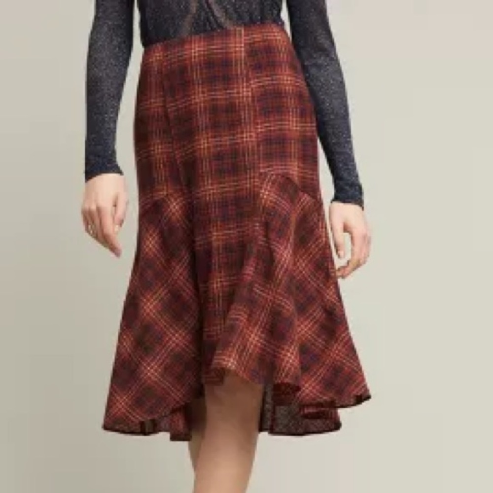 Anthropologie Maeve Burgundy Plaid Wool Midi Skirt - Picture 2 of 10